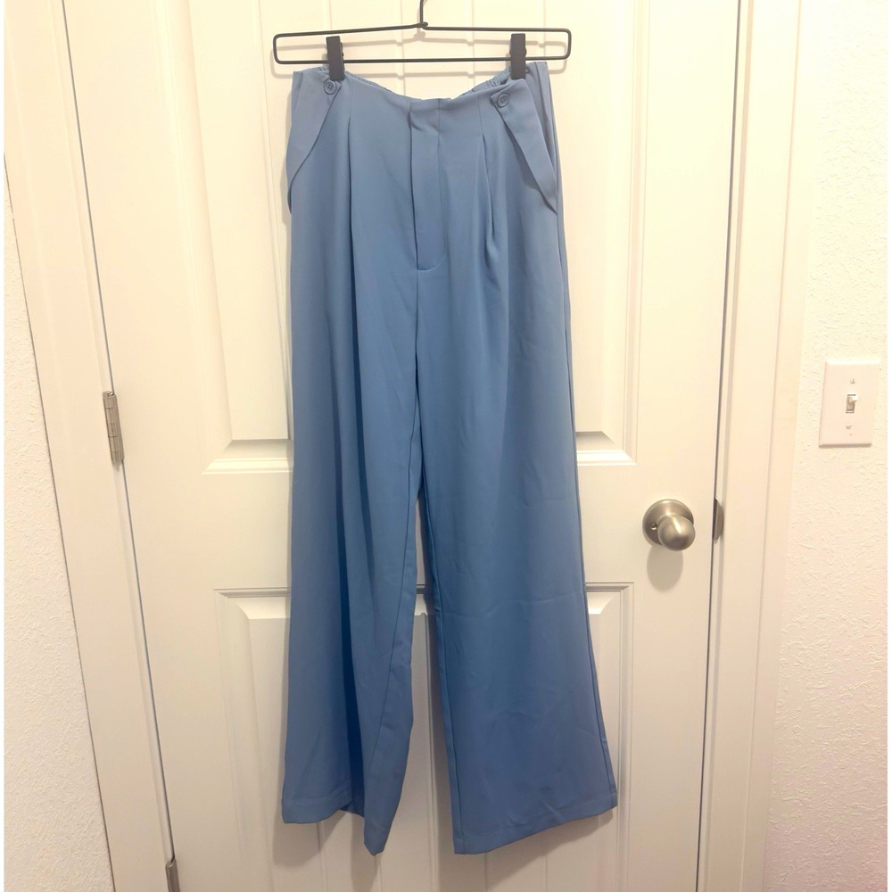 Halara Womens Blue High Rise Wide Leg Pleated Dress Pants Stretch Pockets Sz S